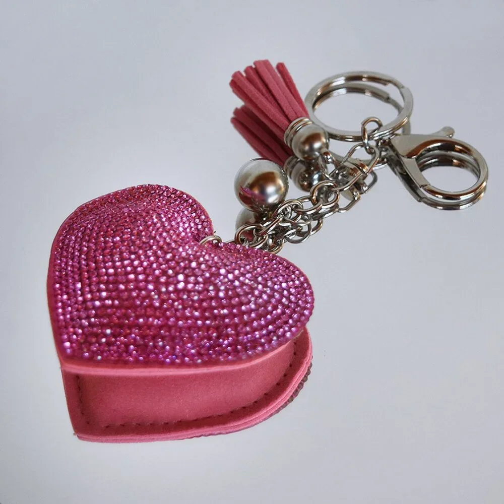 Puffy Heart Charm / Keychain with Rhinestones and Long Tassel
